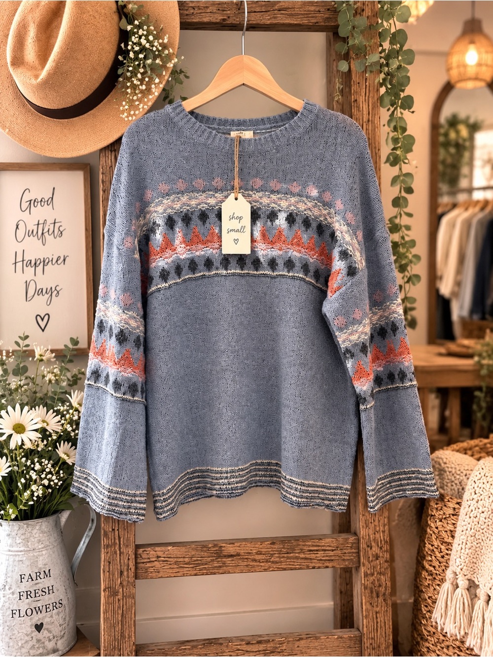 easel Light Blue Fair Isle Crewneck Sweater with Coral Accents